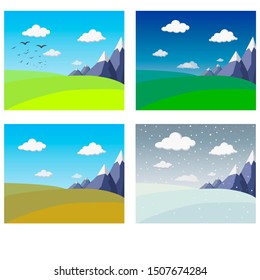 Four seasons landscape collection. Banners with mountains and hills in winter spring summer autumn. Illustration of four seasons banner. Idyllic outdoor rural landscapes. four seasons calendar - Powered by Shutterstock