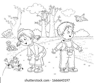 Four Seasons. Spring. Cute Boy And Girl Playing Outdoors. Illustration For Children. Coloring Page. Educational Book. Cute And Funny Cartoon Characters