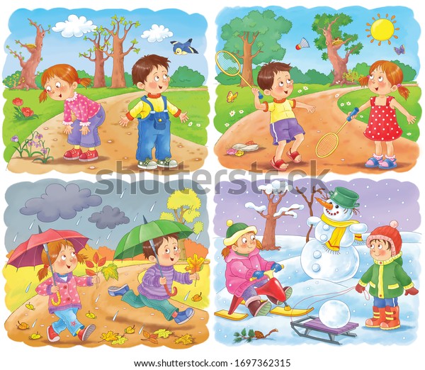 四季 春 夏 秋 冬 かわいい男の子と女の子がアウトドアで遊んでいる 公園の子供たち カラーリングページ 子ども向けのイラスト かわいくて面白い漫画のキャラクター のイラスト素材