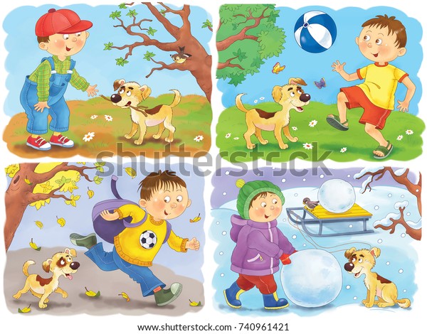 四季 春 夏 秋 冬 子ども向けのイラスト 塗り絵 カラーリングページ 可愛い男の子と子犬 おかしな漫画のキャラクター のイラスト素材