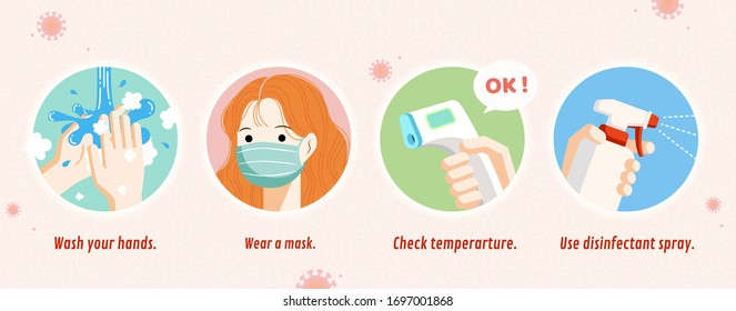 Four Simple Ways To Prevent Coronavirus Including Wash Hands, Wear A Mask, Check Temperature And Use Disinfectant Spray, COVID-19 Prevention Flat Illustration Banner