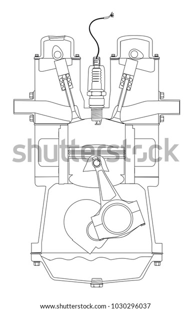 A four stroke petrol engine on its ignition stroke\
over white