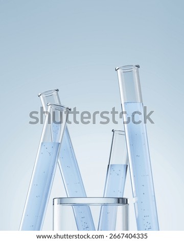four test tubes with transparent blue liquid and podium