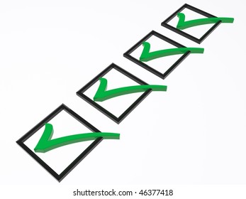 four tick boxes with green ticks in them isolated on white