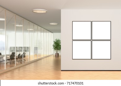 Four Tiled Blank Posters On The Wall In Modern Office. 3d Illustration