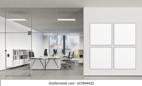 Four Tiled Square Blank Posters On The Wall In Modern Office With Clipping Path Around Poster. 3d Illustration