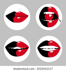 Four variants of white-toothed smile in minimalistic style. Sticker collection for dentists. Health, beauty, makeup, cosmetics, face care theme.  - Powered by Shutterstock