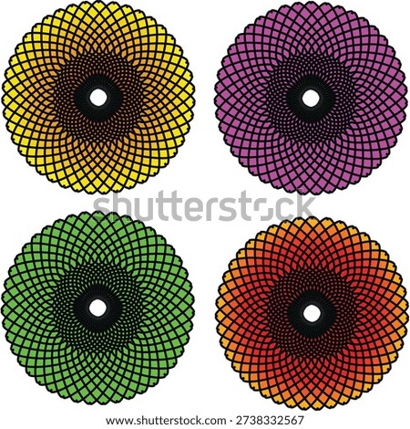 Four vibrant circular optical‑illusion patterns arranged in a 2×2 grid. Each circle features a dense radial mesh of tiny black lines that create a 3‑D depth effect, transitioning from a black center to bright outer rings in yellow, purple, green, and red‑orange gradients. The design is perfect for modern graphic projects