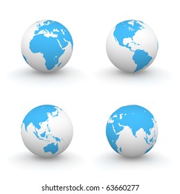 Four Views Of A 3D Globe With Blue Continents And A White Ocean