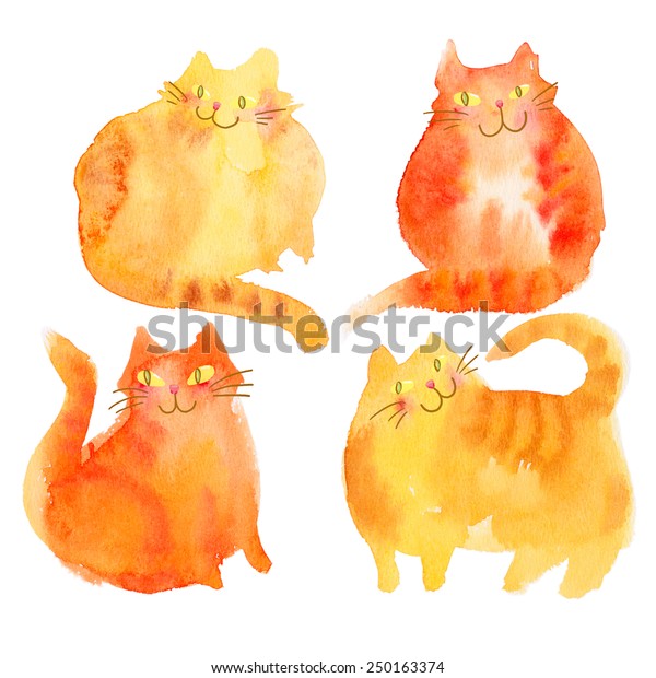 Four Watercolor Red Cats Smiling Stock Illustration 250163374