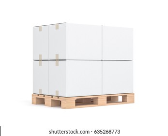 Four White Cardboard Boxes Mockup On Wooden Euro Pallet, 3d Rendering
