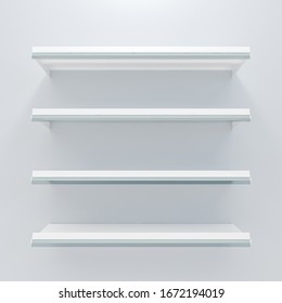 Four White Grocery Retail Shelf With Shelf Talker Isolated On Gray Background Design Template For Mock Up. 3d Rendering Design For Display Product Object In Supermarket