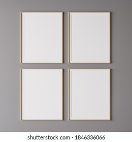 Four Wooden Vertical Frame Mockup On Gray Wall, 3d Render, 3d Illustration