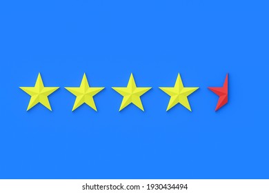 Four Yellow Stars And One Red Half On Blue Background. Concept Of Low Ranking. Negative Feedback. Bad Service Quality. Product Evaluation. 3d Rendering