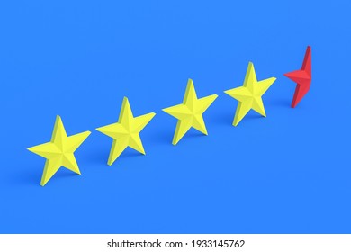 Four Yellow Stars And One Red Half On Blue Background. Concept Of Low Ranking. Negative Feedback. Bad Service Quality. Product Evaluation. 3d Rendering