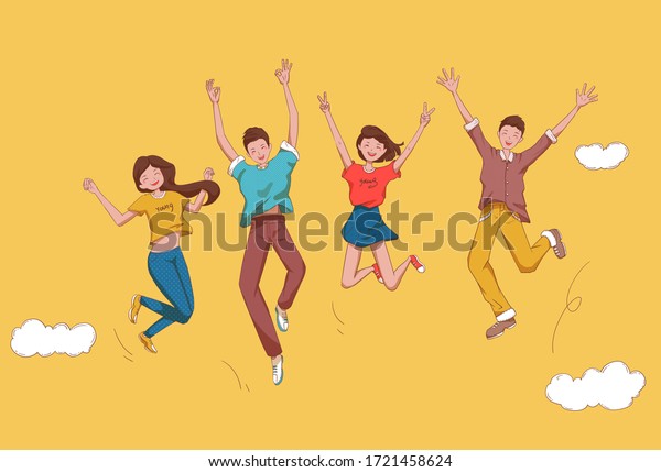 4人の若い男性と女性が飛び跳ねて歓声を上げている 喜ぶ若い人々 イラトス のイラスト素材