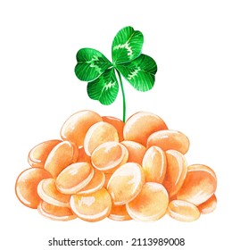 Fourleaf Clover Grows From A Mountain Of Gold.Watercolor Illustration.Isolated On A White Background