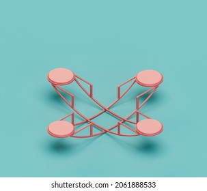 Four-person Seesaw. Isometric Red Color Playground Object For Physical And Mental Development Of Children. Monochrome Single Color, 3d Rendering. No People.