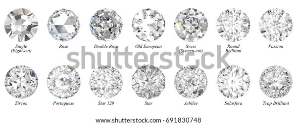 14個の丸い形のダイヤモンドカット 白い背景にバラ 古いヨーロッパ ジルコン ポルトガル 標準の丸いブリリアントなどのトップビューとタイトル 3dレンダリングイラスト のイラスト素材