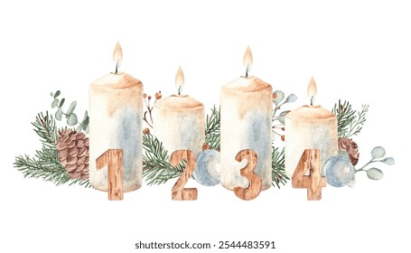 Fourth Advent, Christmas Candles Composition with Fir Branches, Pine Cones and wooden Numbers. Hand drawn Botanical illustration isolated on white background. For Cards and Prints. - Powered by Shutterstock