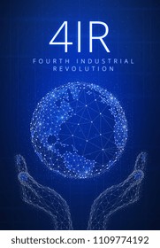 Fourth industrial revolution futuristic hud background with glowing polygon world globe in hands, blockchain peer to peer network and title 4IR. Global cryptocurrency business finance banner concept.