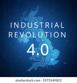 Fourth Industrial Revolution On Futuristic Hud Background With Great Britain Map And Blockchain Polygon Peer To Peer Network. Industrial Revolution, Cryptocurrency Blockchain Business Banner Concept.