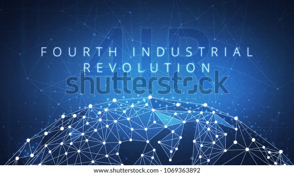 Fourth industrial revolution on futuristic hud\
with world map globe and blockchain polygon peer to peer network.\
Industrial revolution and global cryptocurrency blockchain business\
banner concept