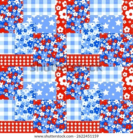 Fourth Of July Floral Patchwork Seamless Pattern Red White Blue Daisy Gingham Digital Paper Background