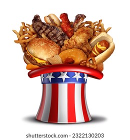 Fourth of july food and Independence Day summer cookout in the United States celebration with the American flag hat and US Holiday in the USA as a 3D illustration.  - Powered by Shutterstock