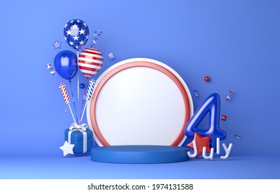 Fourth Of July Independence Day USA Display Podium With Balloon Firework Confetti Ribbon Copy Space Text, 3D Rendering Illustration