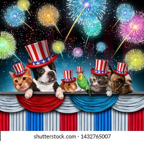 Fourth Of July Pet Celebration And Independence Day Pets Celebrating The United States National Federal Holiday With Dog Puppy Cat And Kitten Including Bird And Hamster With 3D Illustration Elements.