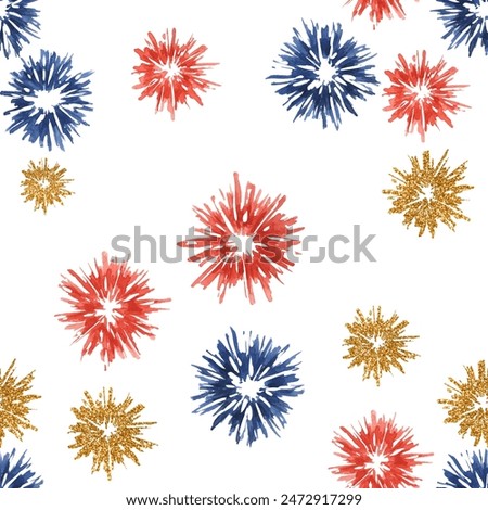 Fourth of July seamless pattern. Red, Blue fireworks bursts backdrop. Independence day holiday background. Hand drawn watercolor 4th of July clipart for wrapping paper, gifts, textile, napkins