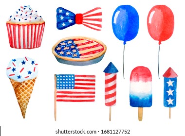 Fourth july USA independence day watercolor set. Balloons, fireworks, flag, ice cream, cake isolated on white
