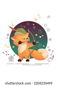 Сute Fox Archer Holding Bow, Aiming At Target, Ready To Shoot Arrow, Wearing Hat With Feather, Bowman Cosplay, Participating In A Shooting Tournament, Hunt, Training, Robin Hood Concept