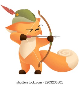 Сute Fox Archer Holding Bow, Aiming At Target, Ready To Shoot Arrow, Wearing Hat With Feather, Bowman Cosplay, Participating In A Shooting Tournament, Hunt, Training, Robin Hood Concept