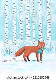 Fox In Birch Forest. Painting In Simple Cartoon Style. Holiday Postcard Illustration.