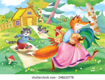 The fox, the Cat and the Cock. Russian fairy tale. Illustration for children 