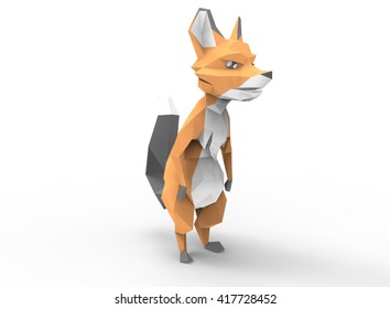 Fox Character. Cartoon Low Poly 3D Illustration Of Animal. Color Triangles And Polygons. On White Background Isolated With Shadow. Icon For Game Or Web.