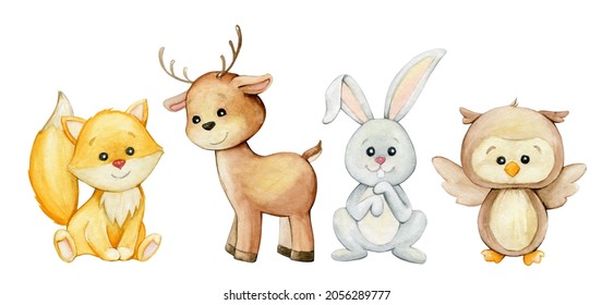 fox, deer, bunny, owl. Watercolors. forest, animals. in cartoon style, on an isolated background.