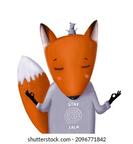 fox meditation, hand drawn clipart with cartoon character good for card and print design