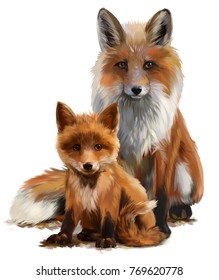 Fox Mom And Cub Watercolor Painting