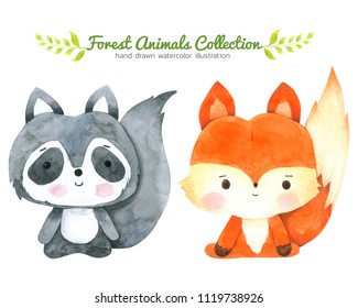 Fox and Raccoon Cartoon watercolor collection isolated  on white background ,Forest Animal Hand drawn painted character for Kids,Greeting Card ,Cases design,Postcards, Product,Notebook and more