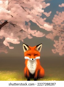 a fox sitting curled up under Sakura tree