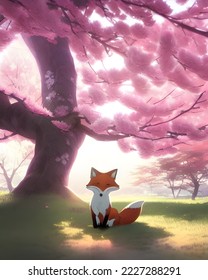 a fox sitting curled up under Sakura tree