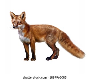 fox (Vulpes)  realistic drawing  illustration for animal encyclopedia  isolated image white background