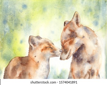 Fox Watercolor Painting. Cute Animal Family. Wildlife Animals Art. Lovely Foxes Illustration. Maternity Artwork. Cute Baby Fox. Foxes Kissing.