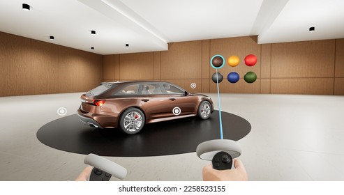 FPV View of person using VR headset to customize a color of a generic fictional car before the purchase, concept of future virtual reality car dealership. Realistic 3d rendering. 3D Illustration - Powered by Shutterstock