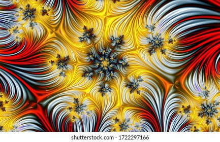Fractal 3d image, red-yellow with white and gray stripes, with a pattern in the form of colored snowflakes