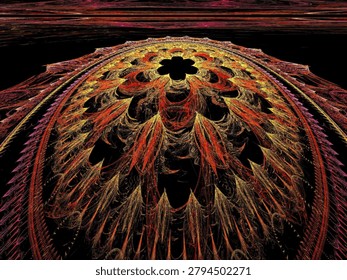 Fractal background: part of sphere or bead with intricate ornament in perspective view. Abstract computer-generated image for covers, web design, posters