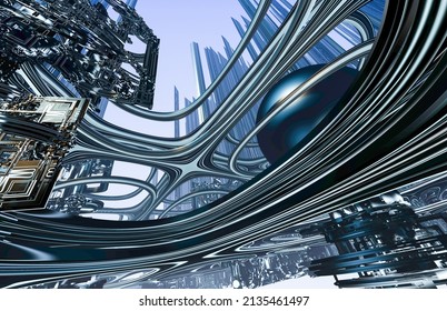 Fractal Bridge Building. Abstract Computer Generated Fractal Design. 3D Illustration Of A Beautiful Bridge Future City